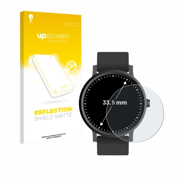 Vorderseite einer Produktverpackung mit dem Markenlogo upscreen. Daneben ist das Gerät Armbanduhren (Kreisrund, ø: 33.5 mm) mi