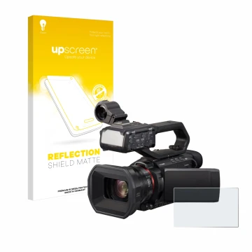 Vorderseite einer Produktverpackung mit dem Markenlogo upscreen. Daneben ist das Gerät Panasonic HC-X2000 mit dem zugehörigen 