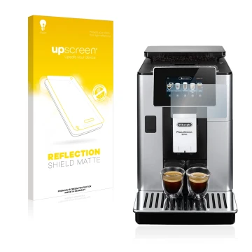 Vorderseite einer Produktverpackung mit dem Markenlogo upscreen. Daneben ist das Gerät DeLonghi PrimaDonna Soul ECAM610.74.MB 