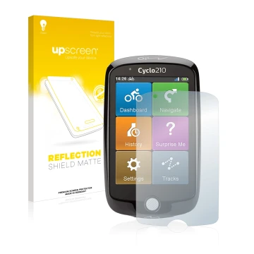 Vorderseite einer Produktverpackung mit dem Markenlogo upscreen. Daneben ist das Gerät Mio Cyclo 210 mit dem zugehörigen Displ