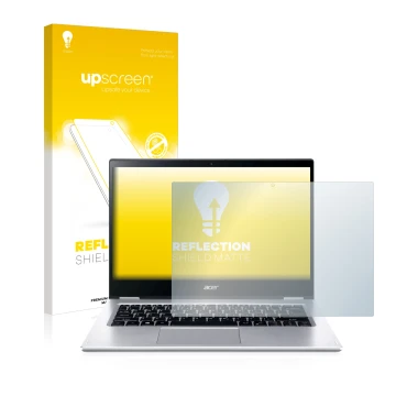 Vorderseite einer Produktverpackung mit dem Markenlogo upscreen. Daneben ist das Gerät Acer Spin 3 SP314-54N mit dem zugehörig