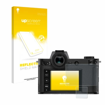 Vorderseite einer Produktverpackung mit dem Markenlogo upscreen. Daneben ist das Gerät Leica SL2-S mit dem zugehörigen Display