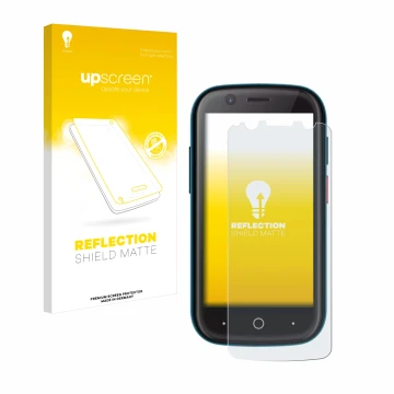 Vorderseite einer Produktverpackung mit dem Markenlogo upscreen. Daneben ist das Gerät Unihertz Jelly 2 mit dem zugehörigen Di