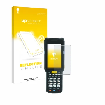 Vorderseite einer Produktverpackung mit dem Markenlogo upscreen. Daneben ist das Gerät Zebra MC3300X mit dem zugehörigen Displ