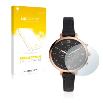 Vorderseite einer Produktverpackung mit dem Markenlogo upscreen. Daneben ist das Gerät Fossil Monroe Hybrid HR mit dem zugehör