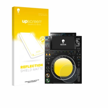 Vorderseite einer Produktverpackung mit dem Markenlogo upscreen. Daneben ist das Gerät Pioneer CDJ 3000 (Kreis) mit dem zugehö