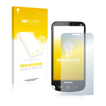 Vorderseite einer Produktverpackung mit dem Markenlogo upscreen. Daneben ist das Gerät Brondi Amico Dual Sim mit dem zugehörig