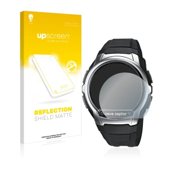 Vorderseite einer Produktverpackung mit dem Markenlogo upscreen. Daneben ist das Gerät Casio Wave Ceptor WV-58 mit dem zugehör