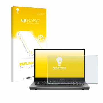 Vorderseite einer Produktverpackung mit dem Markenlogo upscreen. Daneben ist das Gerät ASUS ROG Zephyrus G14 GA401 mit dem zug