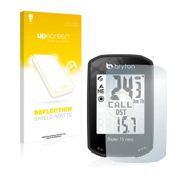 Vorderseite einer Produktverpackung mit dem Markenlogo upscreen. Daneben ist das Gerät Bryton Rider 15 neo mit dem zugehörigen