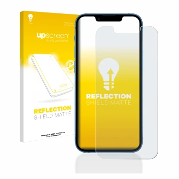 Vorderseite einer Produktverpackung mit dem Markenlogo upscreen. Daneben ist das Gerät Apple iPhone 13 mini mit dem zugehörige