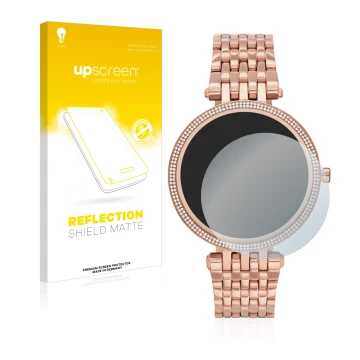 Vorderseite einer Produktverpackung mit dem Markenlogo upscreen. Daneben ist das Gerät Michael Kors Access Darci Gen 5E mit de