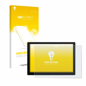 Vorderseite einer Produktverpackung mit dem Markenlogo upscreen. Daneben ist das Gerät Microsoft Surface Pro 7 Plus mit dem zu