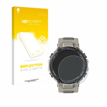 Vorderseite einer Produktverpackung mit dem Markenlogo upscreen. Daneben ist das Gerät Huami Amazfit T-Rex Pro mit dem zugehör