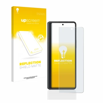 Vorderseite einer Produktverpackung mit dem Markenlogo upscreen. Daneben ist das Gerät Samsung Galaxy Z Fold 3 5G mit dem zuge
