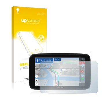 Vorderseite einer Produktverpackung mit dem Markenlogo upscreen. Daneben ist das Gerät TomTom GO Discover 6