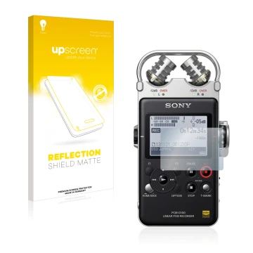 Vorderseite einer Produktverpackung mit dem Markenlogo upscreen. Daneben ist das Gerät Sony PCM D100 mit dem zugehörigen Displ