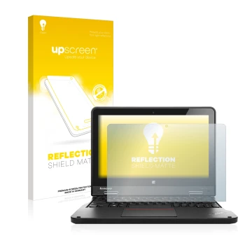Vorderseite einer Produktverpackung mit dem Markenlogo upscreen. Daneben ist das Gerät Lenovo ThinkPad Yoga 11e 6.Gen mit dem 