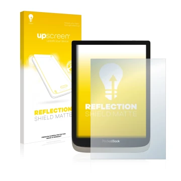 Vorderseite einer Produktverpackung mit dem Markenlogo upscreen. Daneben ist das Gerät PocketBook InkPad Color mit dem zugehör