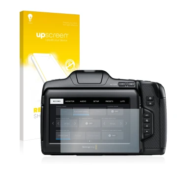 Vorderseite einer Produktverpackung mit dem Markenlogo upscreen. Daneben ist das Gerät Blackmagic Pocket Cinema Camera 6K Pro 