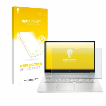 Vorderseite einer Produktverpackung mit dem Markenlogo upscreen. Daneben ist das Gerät HP Envy 17-cX mit dem zugehörigen Displ