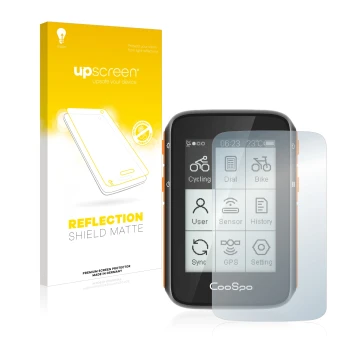 Vorderseite einer Produktverpackung mit dem Markenlogo upscreen. Daneben ist das Gerät CooSpo BC200 mit dem zugehörigen Displa