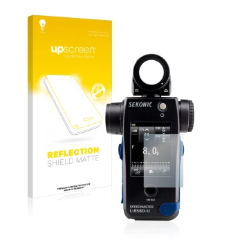 Vorderseite einer Produktverpackung mit dem Markenlogo upscreen. Daneben ist das Gerät Sekonic L858D mit dem zugehörigen Displ