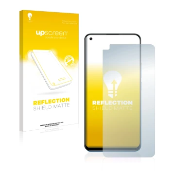 Vorderseite einer Produktverpackung mit dem Markenlogo upscreen. Daneben ist das Gerät realme 8 mit dem zugehörigen Displaysch