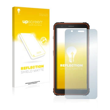 Vorderseite einer Produktverpackung mit dem Markenlogo upscreen. Daneben ist das Gerät Blackview BV6600 mit dem zugehörigen Di