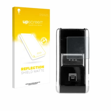 Vorderseite einer Produktverpackung mit dem Markenlogo upscreen. Daneben ist das Gerät Opticon OPN-2001 mit dem zugehörigen Di