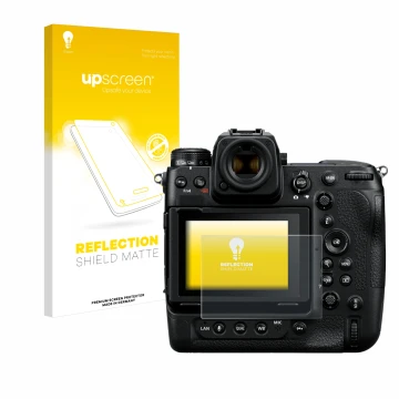 Vorderseite einer Produktverpackung mit dem Markenlogo upscreen. Daneben ist das Gerät Nikon Z 9 mit dem zugehörigen Displaysc