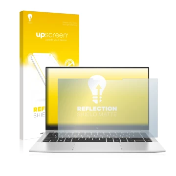 Vorderseite einer Produktverpackung mit dem Markenlogo upscreen. Daneben ist das Gerät HP Elitebook x360 1040 G7 mit dem zugeh