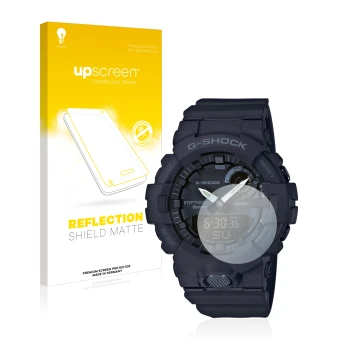 Vorderseite einer Produktverpackung mit dem Markenlogo upscreen. Daneben ist das Gerät Casio G-Shock GBA800 mit dem zugehörige
