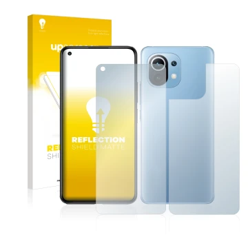 Vorderseite einer Produktverpackung mit dem Markenlogo upscreen. Daneben ist das Gerät Xiaomi Mi 11 Lite 5G (Display+Rückseite