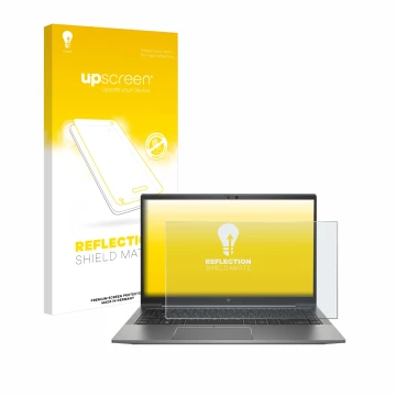 Vorderseite einer Produktverpackung mit dem Markenlogo upscreen. Daneben ist das Gerät HP ZBook Firefly 14 G8 mit dem zugehöri