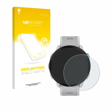 Vorderseite einer Produktverpackung mit dem Markenlogo upscreen. Daneben ist das Gerät Garmin Forerunner 55 mit dem zugehörige