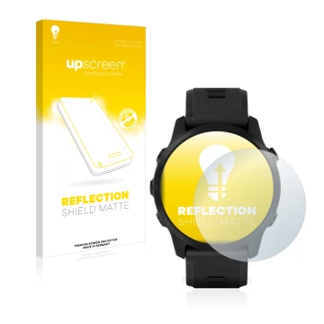 Vorderseite einer Produktverpackung mit dem Markenlogo upscreen. Daneben ist das Gerät Garmin Forerunner 945 LTE mit dem zugeh