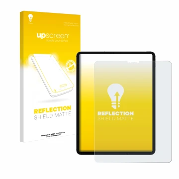 Vorderseite einer Produktverpackung mit dem Markenlogo upscreen. Daneben ist das Gerät Apple iPad Pro 12.9