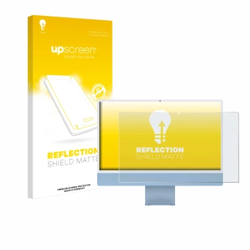 Vorderseite einer Produktverpackung mit dem Markenlogo upscreen. Daneben ist das Gerät Apple iMac 24