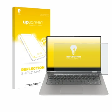 Vorderseite einer Produktverpackung mit dem Markenlogo upscreen. Daneben ist das Gerät Lenovo ThinkBook 14s Yoga mit dem zugeh