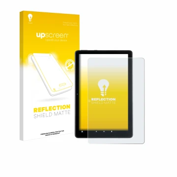 Vorderseite einer Produktverpackung mit dem Markenlogo upscreen. Daneben ist das Gerät Amazon Fire HD 10 2021 (11. Gen.) mit d