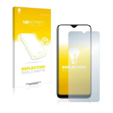 Vorderseite einer Produktverpackung mit dem Markenlogo upscreen. Daneben ist das Gerät realme C11 2021 mit dem zugehörigen Dis