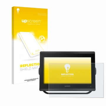 Vorderseite einer Produktverpackung mit dem Markenlogo upscreen. Daneben ist das Gerät Garmin GPSMAP 8412 xsv mit dem zugehöri