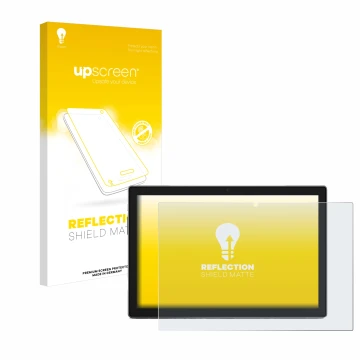 Vorderseite einer Produktverpackung mit dem Markenlogo upscreen. Daneben ist das Gerät Blackview Tab 9 mit dem zugehörigen Dis