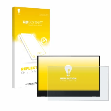 Vorderseite einer Produktverpackung mit dem Markenlogo upscreen. Daneben ist das Gerät Lenovo ThinkVision M14t mit dem zugehör