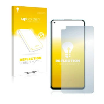 Vorderseite einer Produktverpackung mit dem Markenlogo upscreen. Daneben ist das Gerät Oppo Reno 6 5G mit dem zugehörigen Disp