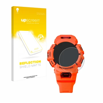 Vorderseite einer Produktverpackung mit dem Markenlogo upscreen. Daneben ist das Gerät Casio G-Shock GBA-900 mit dem zugehörig