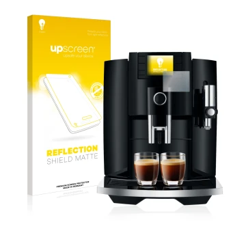 Vorderseite einer Produktverpackung mit dem Markenlogo upscreen. Daneben ist das Gerät Jura E8 (EB) mit dem zugehörigen Displa