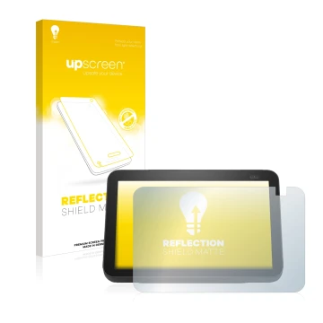 Vorderseite einer Produktverpackung mit dem Markenlogo upscreen. Daneben ist das Gerät Amazon Echo Show 8 2021 (2. Gen.) mit d