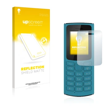 Vorderseite einer Produktverpackung mit dem Markenlogo upscreen. Daneben ist das Gerät Nokia 105 4G 2021 mit dem zugehörigen D